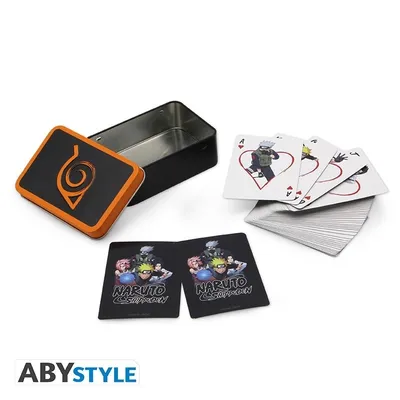 Baraja de cartas Naruto Shippuden con caja metálica naranja y negro