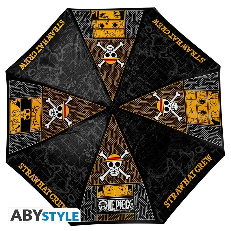 Paraguas One Piece Tripulación del Sombrero de Paja con diseño dorado y negro