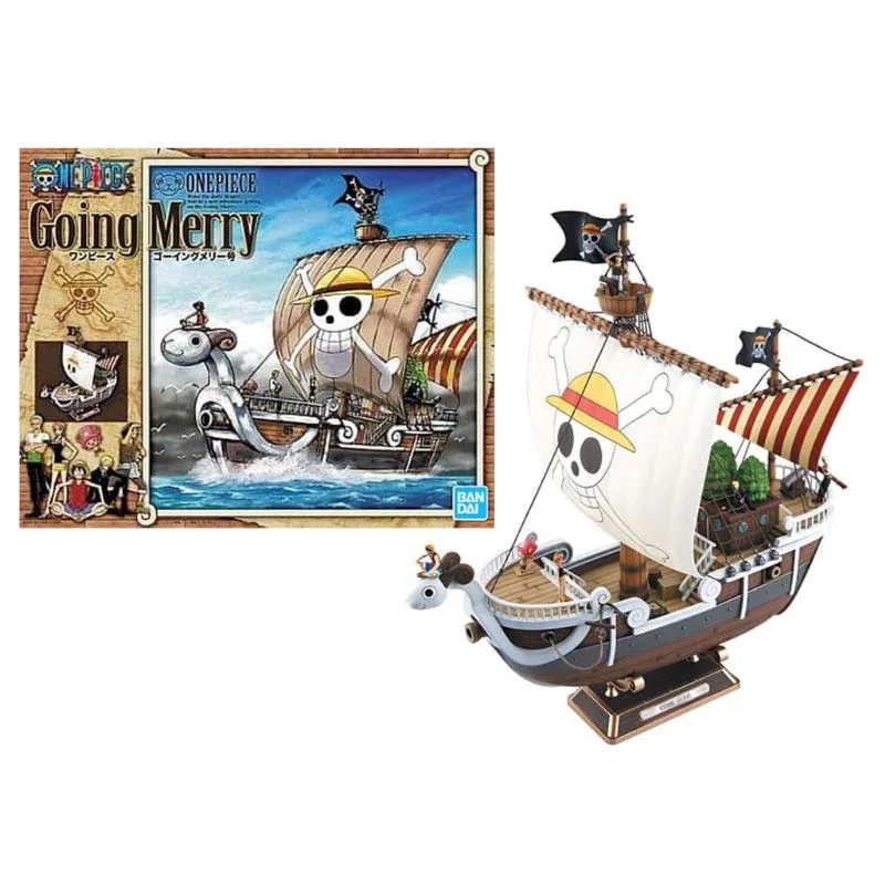 Maqueta del barco Going Merry de One Piece con velas y bandera pirata