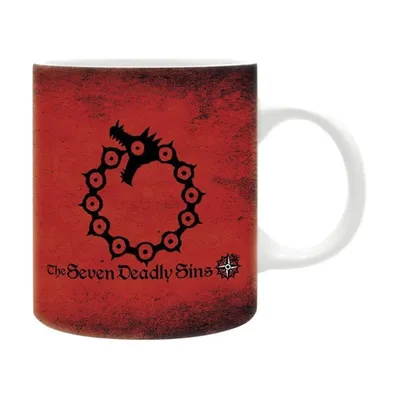 Taza roja de Los Siete Pecados Capitales con emblema negro