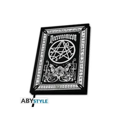Cuaderno Necronomicón negro con pentagrama y símbolos oscuros