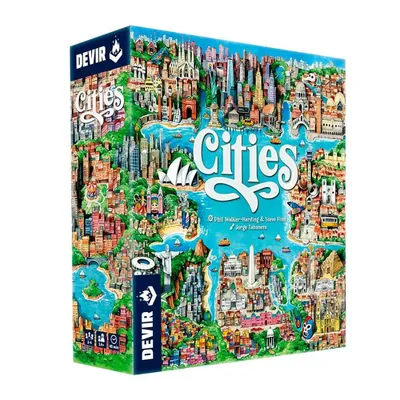 Juego de Mesa Cities Devir con ilustración de ciudades iconicas
