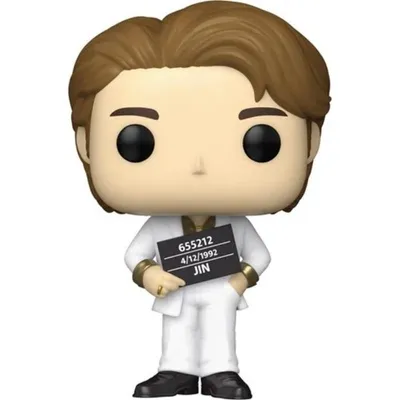 Funko Pop Jin BTS con traje blanco y cartela de prisión