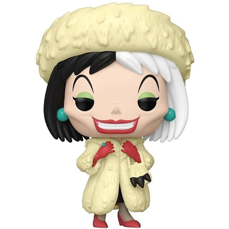 Funko Pop Cruella de Vil con abrigo crema y cabello bicolor