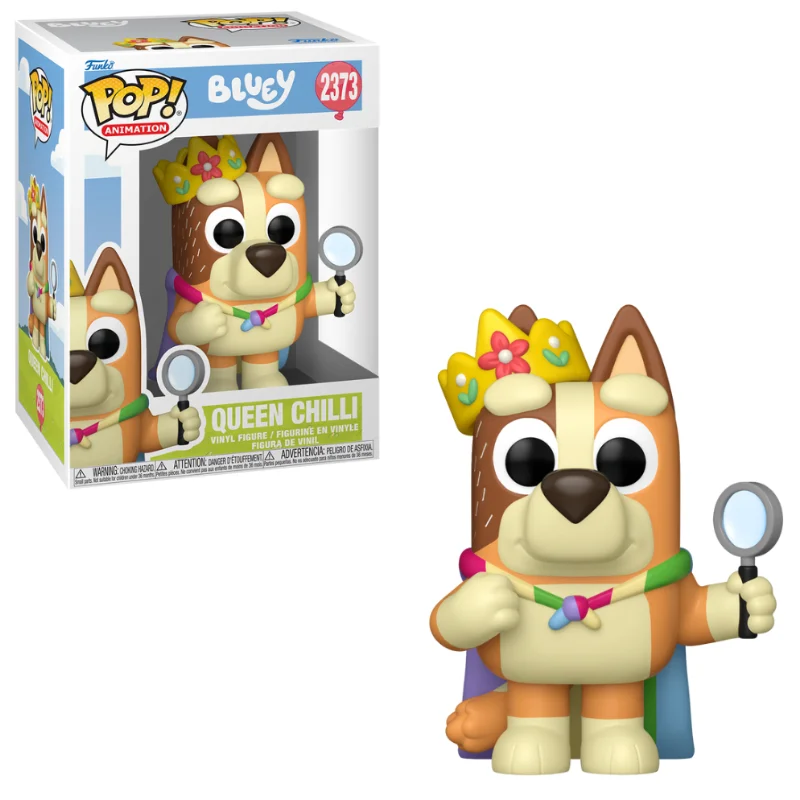 Funko Pop Queen Chilli de Bluey con corona de flores y lupa