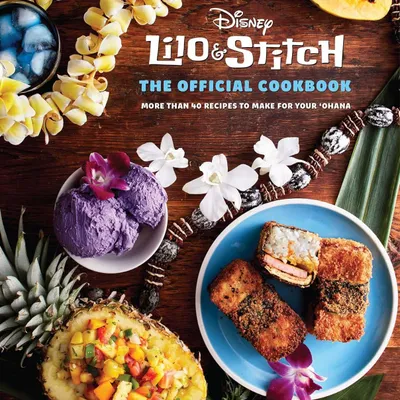 Portada del recetario oficial Lilo & Stitch con platillos hawaianos y flores tropicales