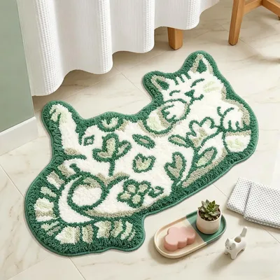 Alfombra de Baño Gato Verde con Patrón Delft (Pedido Exclusivo · entrega 2 a 3 semanas)