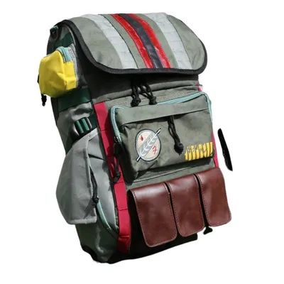 Mochila Boba Fett Star Wars con bolsillos de cuero y detalles rojos
