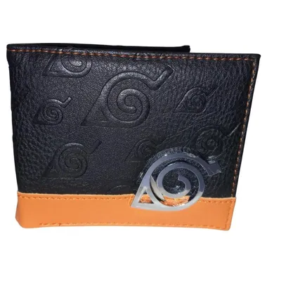 Billetera Naruto negra y naranja con símbolo remolino