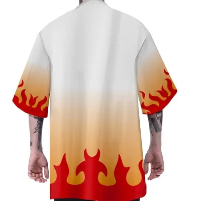 Kimono Rengoku Kimetsu no Yaiba con llamas rojo y naranja