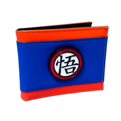 Billetera Goku Dragon Ball azul y naranja con logo Kanji en metal