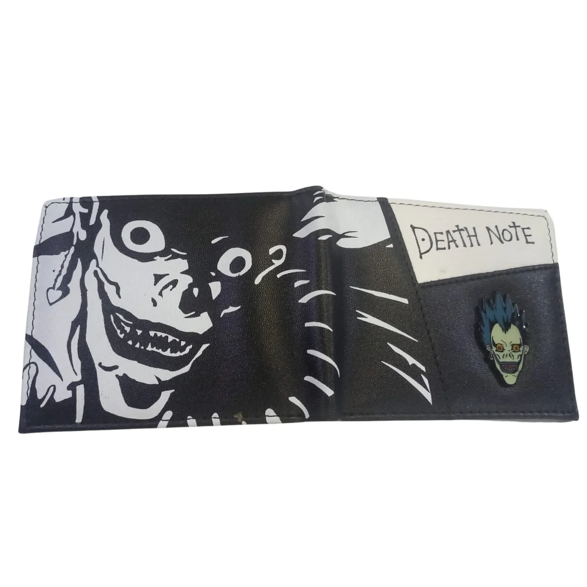 Billetera Ryuk Death Note anime con diseño frontal en blanco y negro