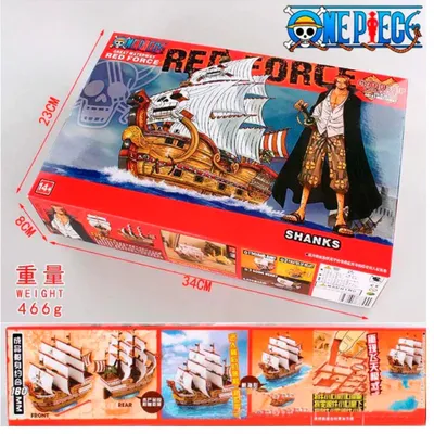 Maqueta del barco Red Force de One Piece con velas blancas y detalles dorados