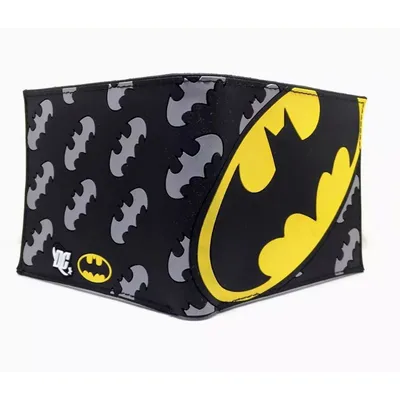 Billetera Batman con logo amarillo y patrón de murciélagos