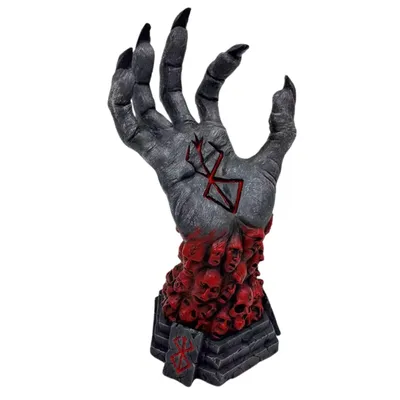Figura La Mano de Dios Berserk con dedos curvados y base de cráneos en rojo y gris