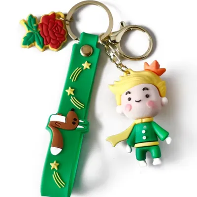 Llavero El Principito con rosa roja, correa verde y figura del príncipe