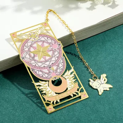 Separador de libro Sakura Card Captor dorado con círculo mágico rosa y dije ángel