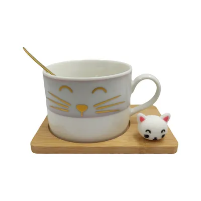 Mug gato cerámica con base madera y cuchara dorada