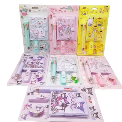 Set de artículos escolares Sanrio con agenda, cinta, resaltador y esfero en colores pastel