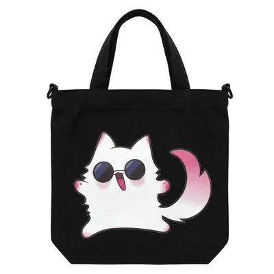 Totebag negro Jujutsu Kaisen con gato blanco y gafas oscuras