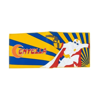 Billetera Capitán Centella con traje blanco y rojo en fondo azul y amarillo