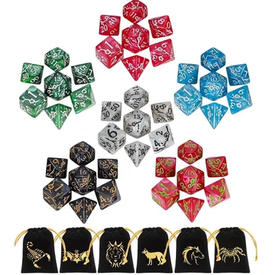 Siete juegos de dados poliédricos zodiacales de colores con bolsas de tela negra