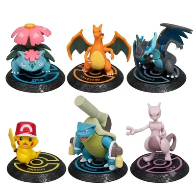 Seis figuras Pokémon con bases: Pikachu, Charizard, Mewtwo, Venusaur, Blastoise y Mega Charizard X