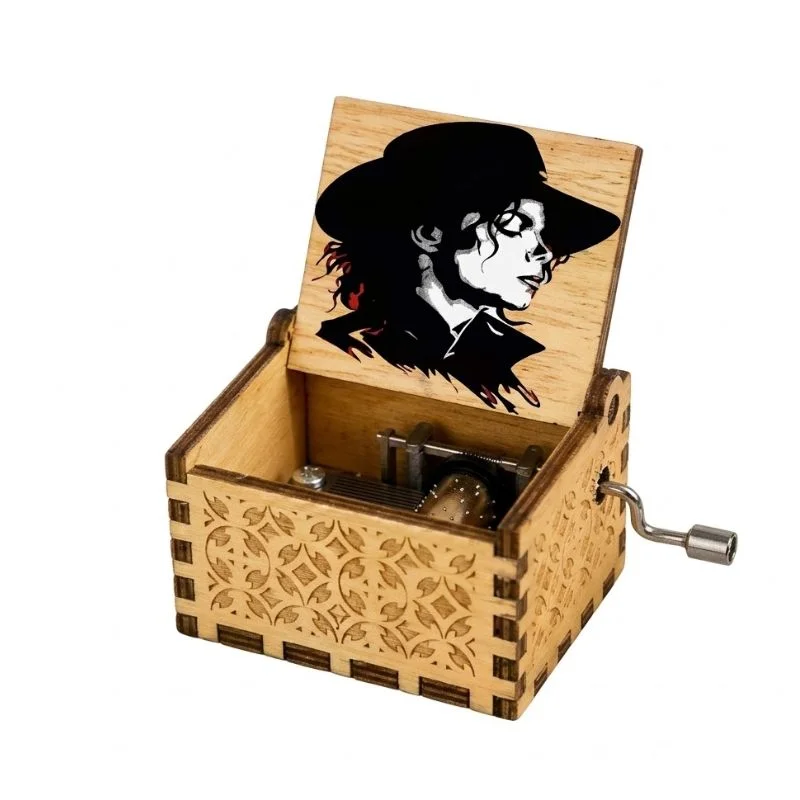 Caja musical de madera con retrato de Michael Jackson y manivela lateral