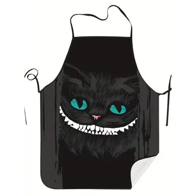 Delantal negro con gato Cheshire sonriente de Alicia en el País de las Maravillas