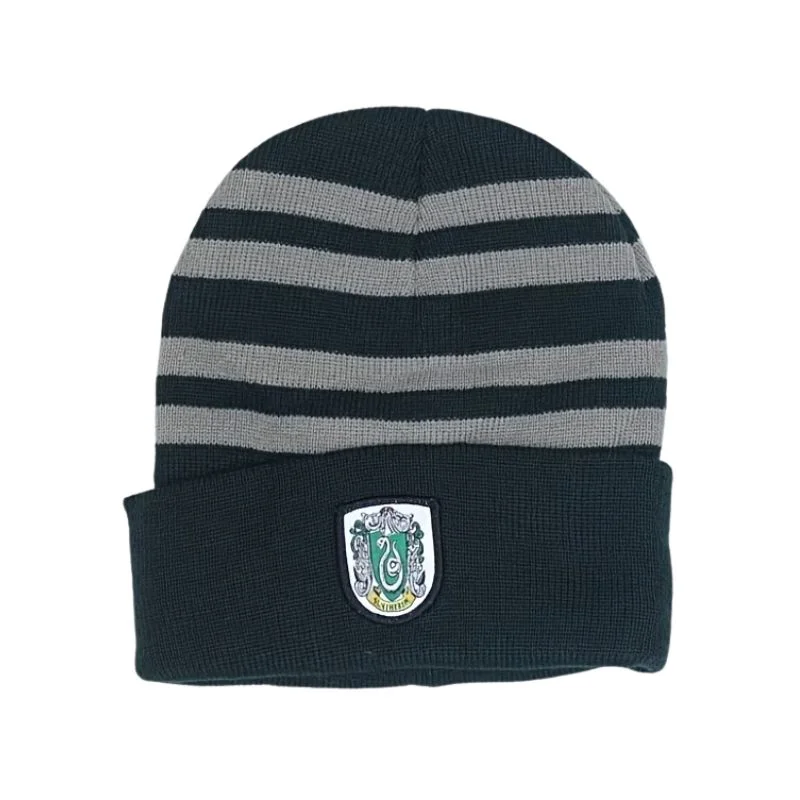Gorro Slytherin rayas verde y gris con escudo bordado Harry Potter