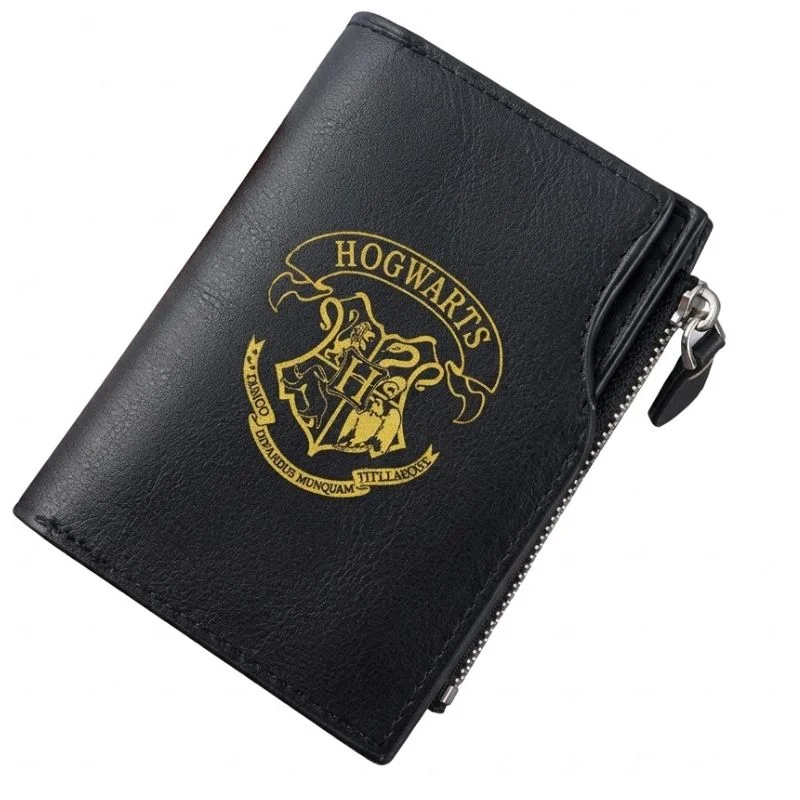 Billetera Hogwarts negra con logo dorado Harry Potter