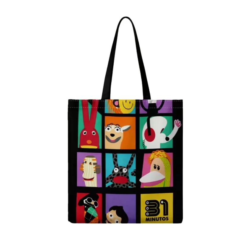 Totebag 31 Minutos con personajes en diseño de cuadrícula colorida