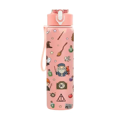 Botella de agua rosa Harry Potter con iconos mágicos