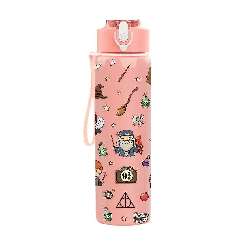Botella de agua rosa Harry Potter con iconos mágicos