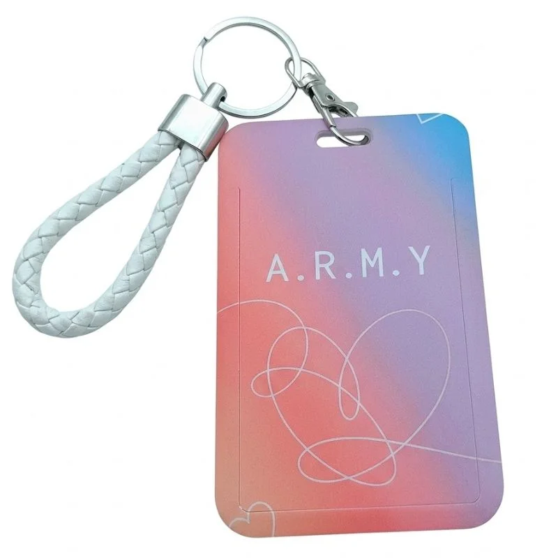Lanyard ARMY BTS con cordón trenzado blanco y diseño degradado rosa-púrpura