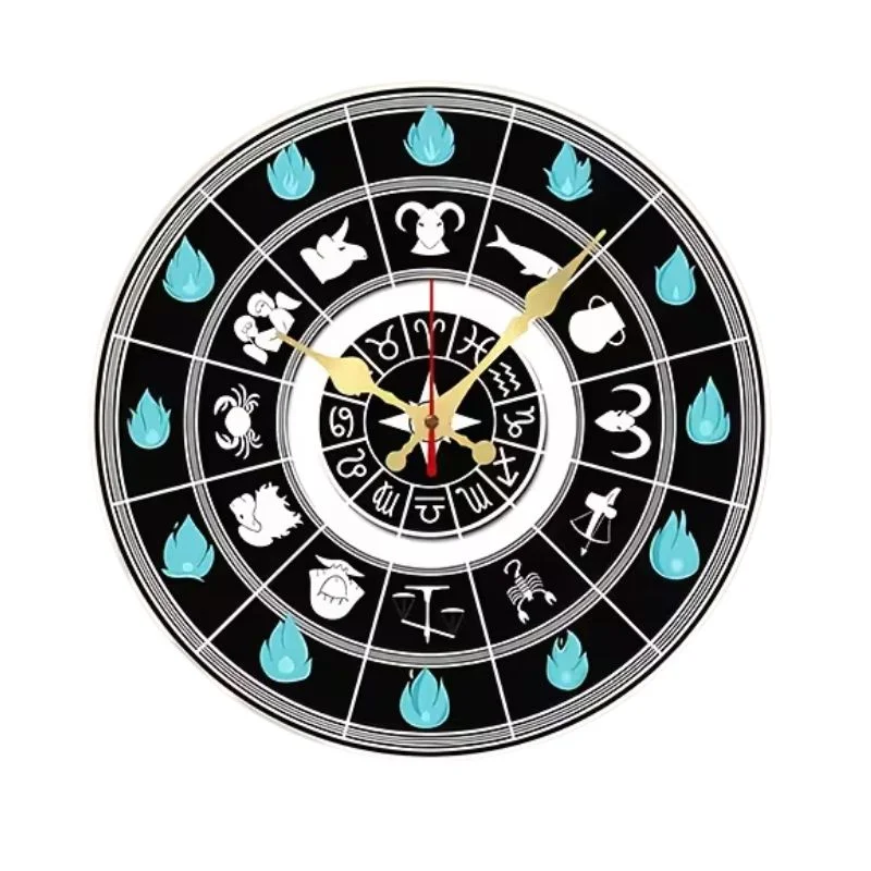 Reloj de pared con signos zodiacales y símbolos de Saint Seiya