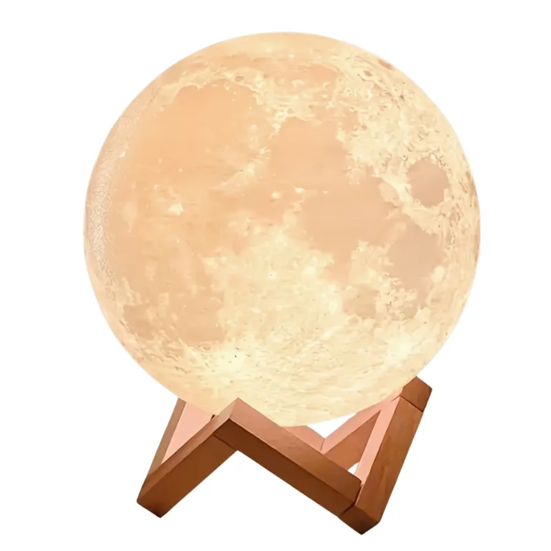Lámpara decorativa luna 3D con base madera cruzada