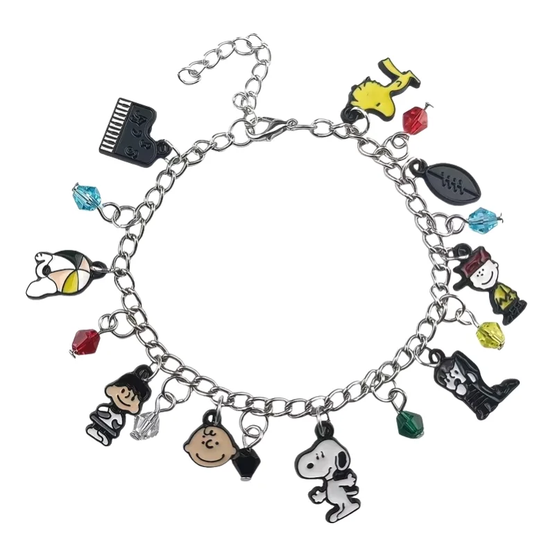 Pulsera con dijes de Snoopy y amigos en cadena plateada