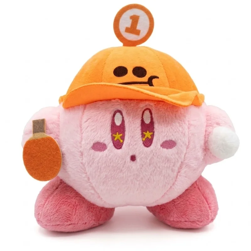 Peluche Kirby con traje naranja de ping-pong y gorra numerada