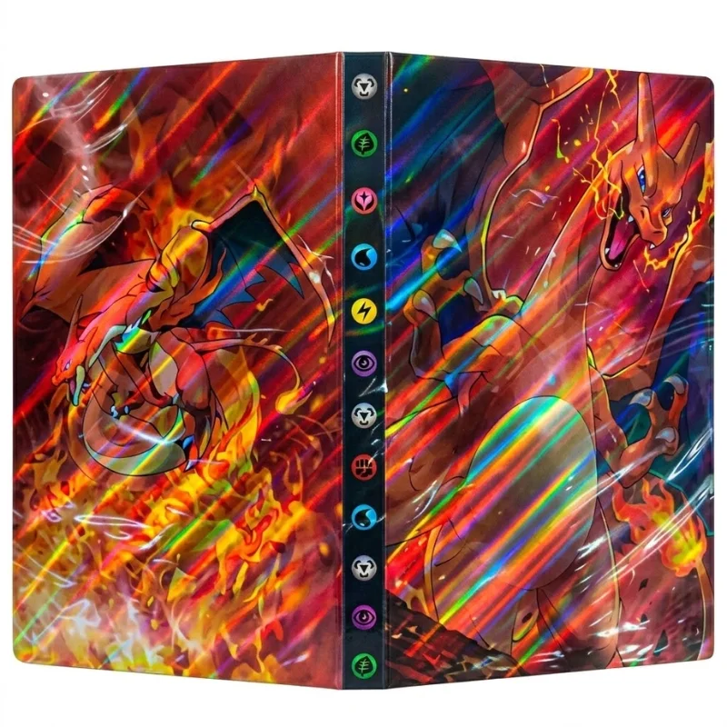 Álbum holográfico Charizard Pokémon con diseño en llamas multicolor