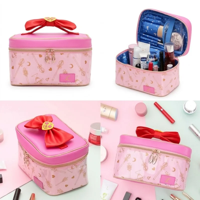 Cosmetiquera Sailor Moon rosa con moño rojo y estampado lunar