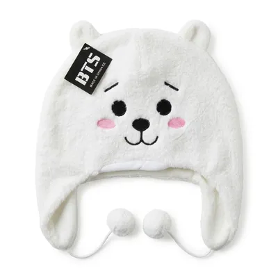 Gorro de felpa blanco con orejas de oso y rostro bordado BT21 BTS