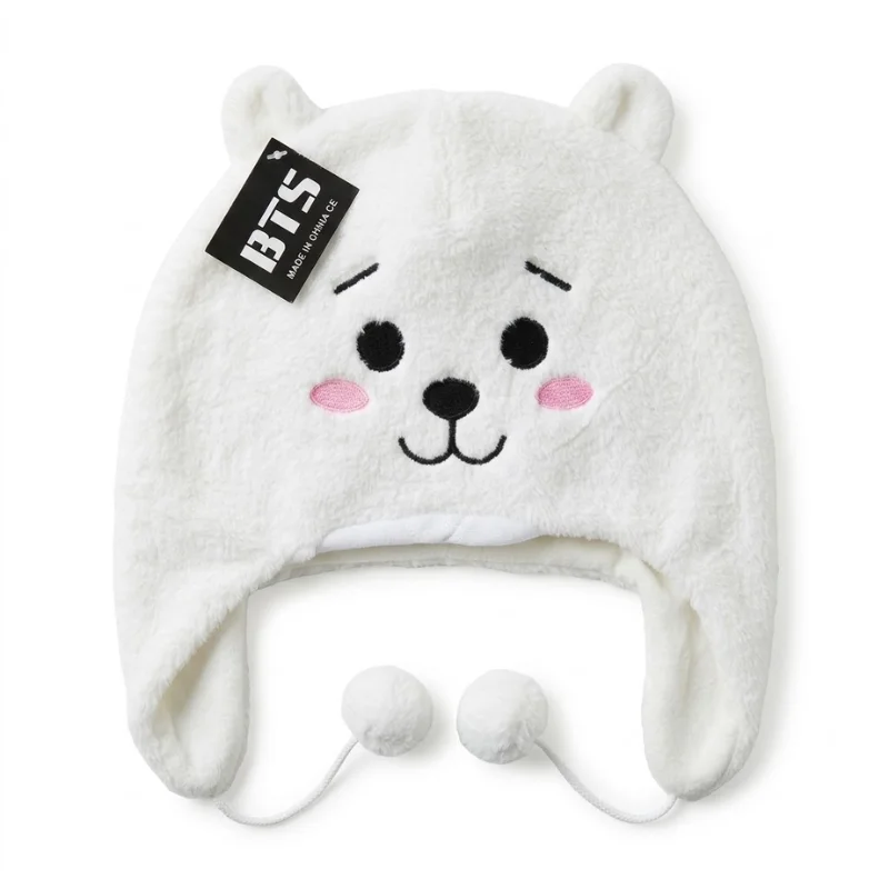 Gorro de felpa blanco con orejas de oso y rostro bordado BT21 BTS