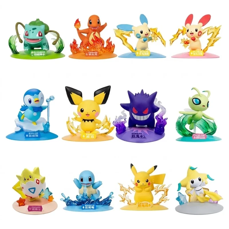 Figuras Pokémon con bases temáticas de fuego, agua y electricidad