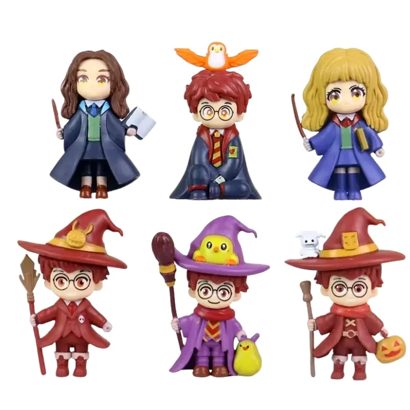 Set de 6 figuras Harry Potter con personajes en uniformes escolares y atuendos mágicos