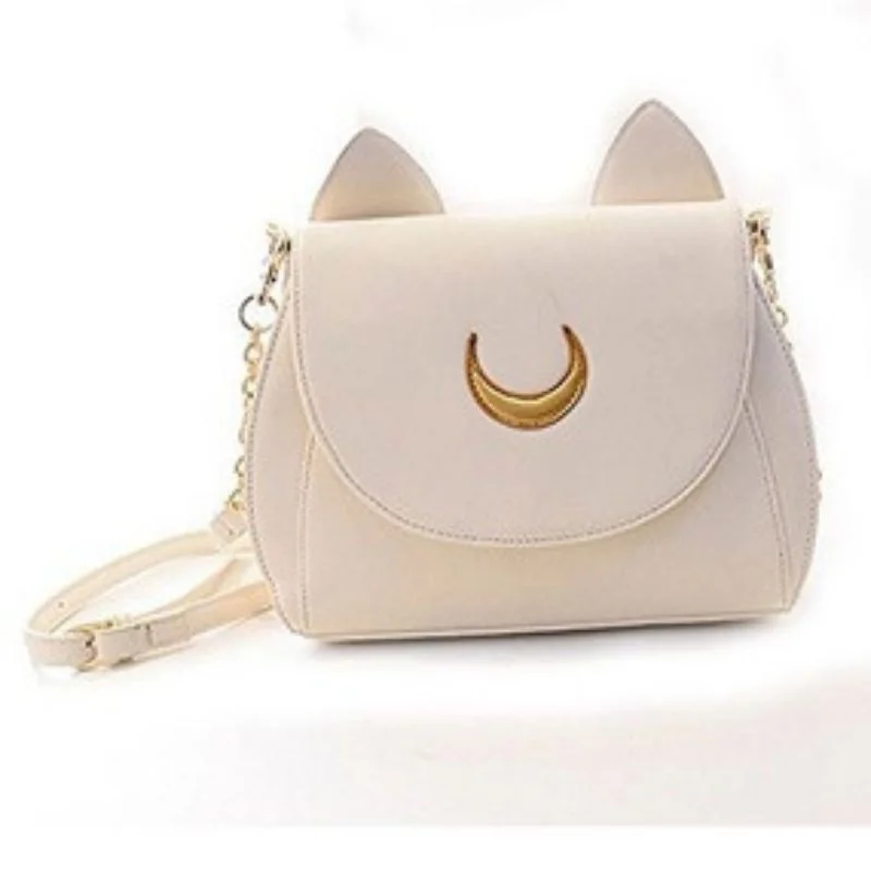 Bolso blanco Sailor Moon con orejas de gato Luna y símbolo lunar dorado