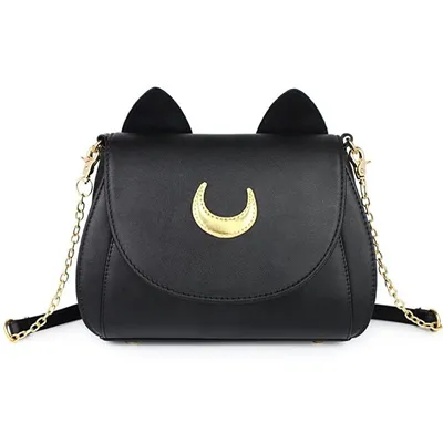 Bolso Luna Sailor Moon negro con orejas de gato y símbolo lunar dorado