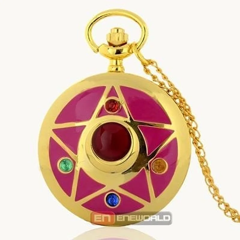 Reloj de bolsillo dorado Sailor Moon con broche de transformación magenta